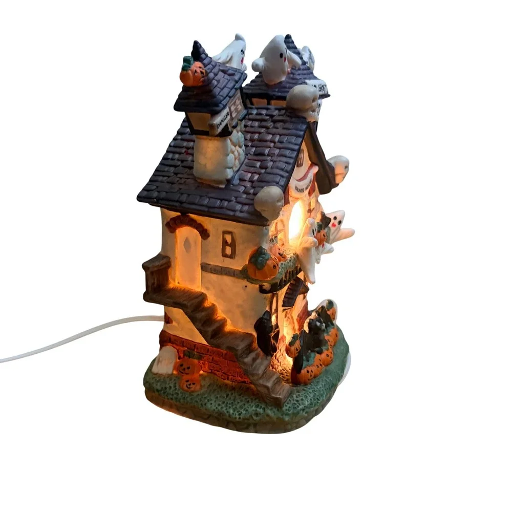 Vintage Haunted House 1990s Ceramic Ghost Pumpkin Halloween Light Up Village